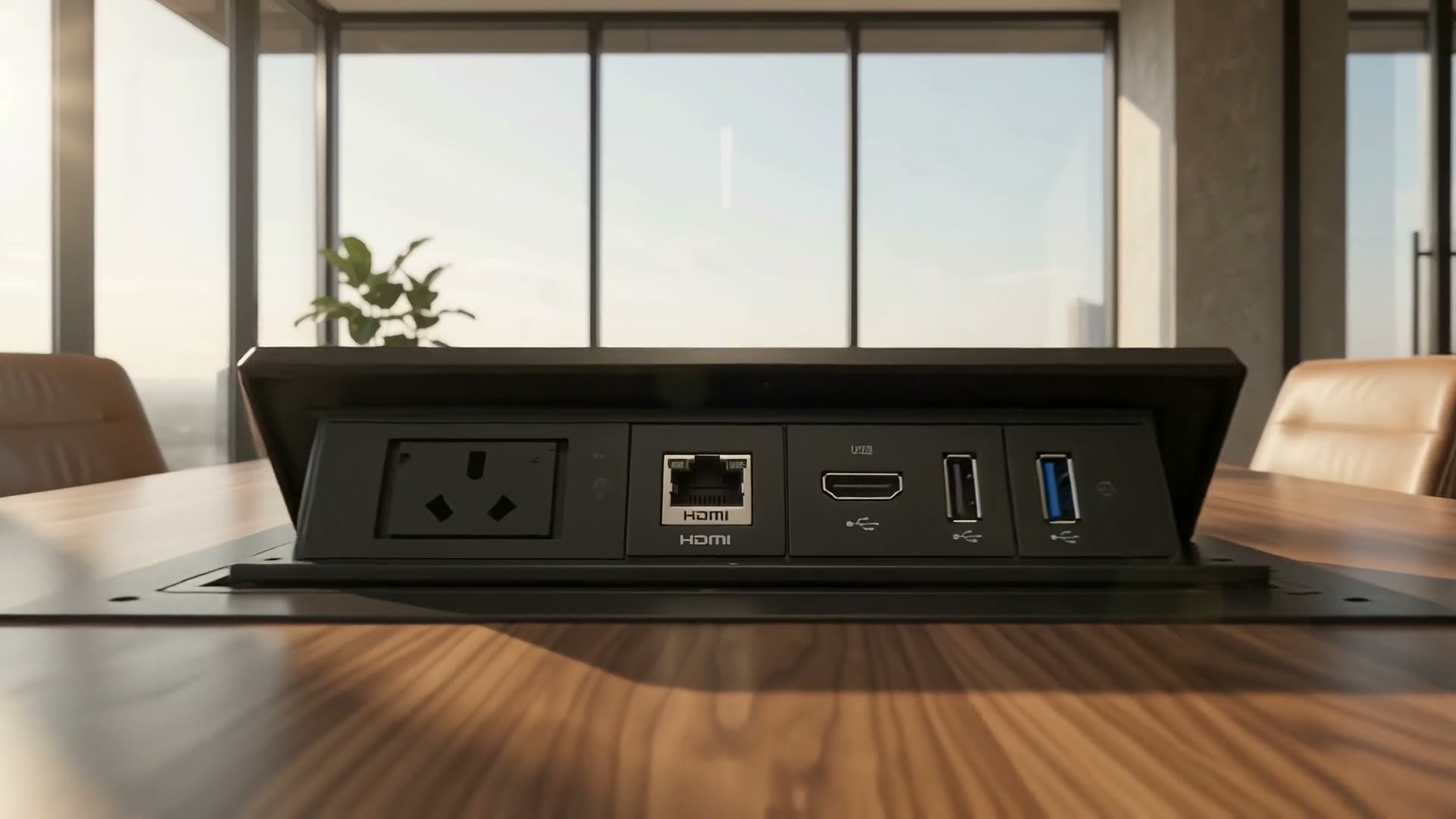 Painel de mesa iCON embutido em mesa de reunião