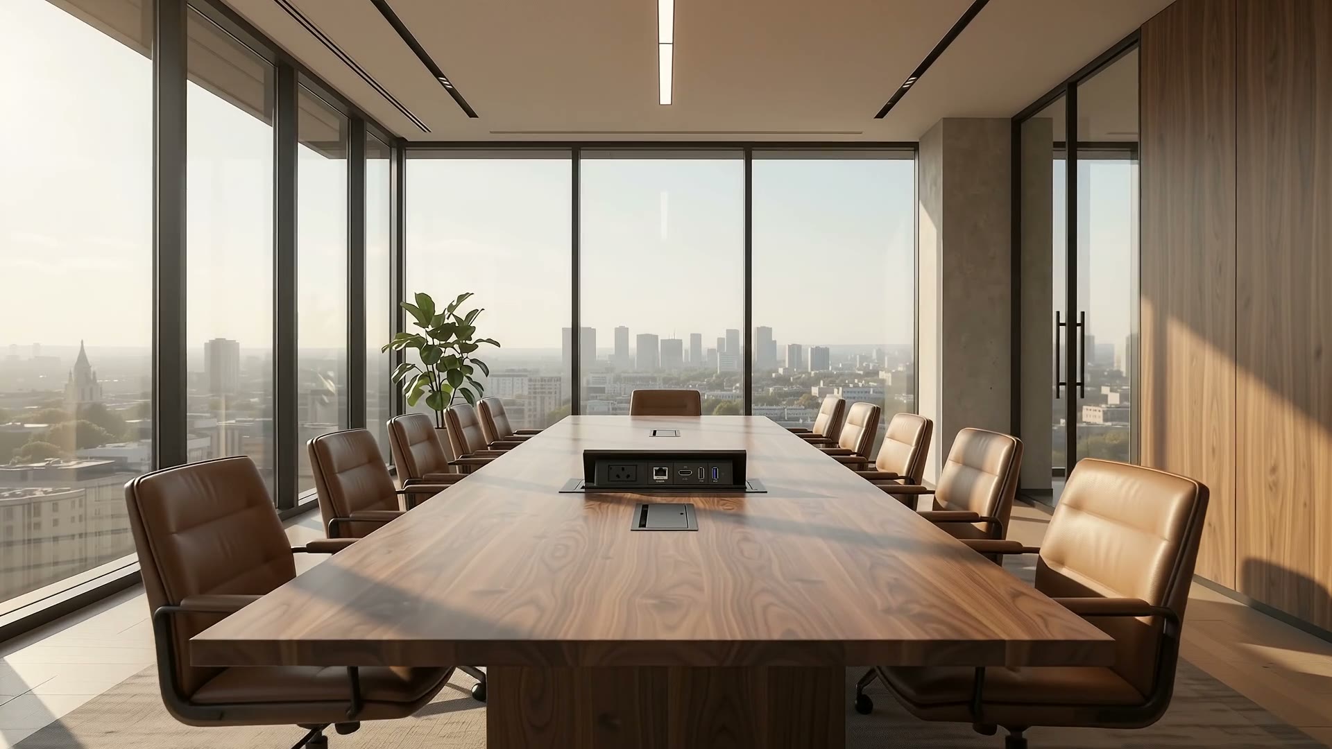 Sala de reunião com mesa em madeira e painel de mesa iCON ao centro