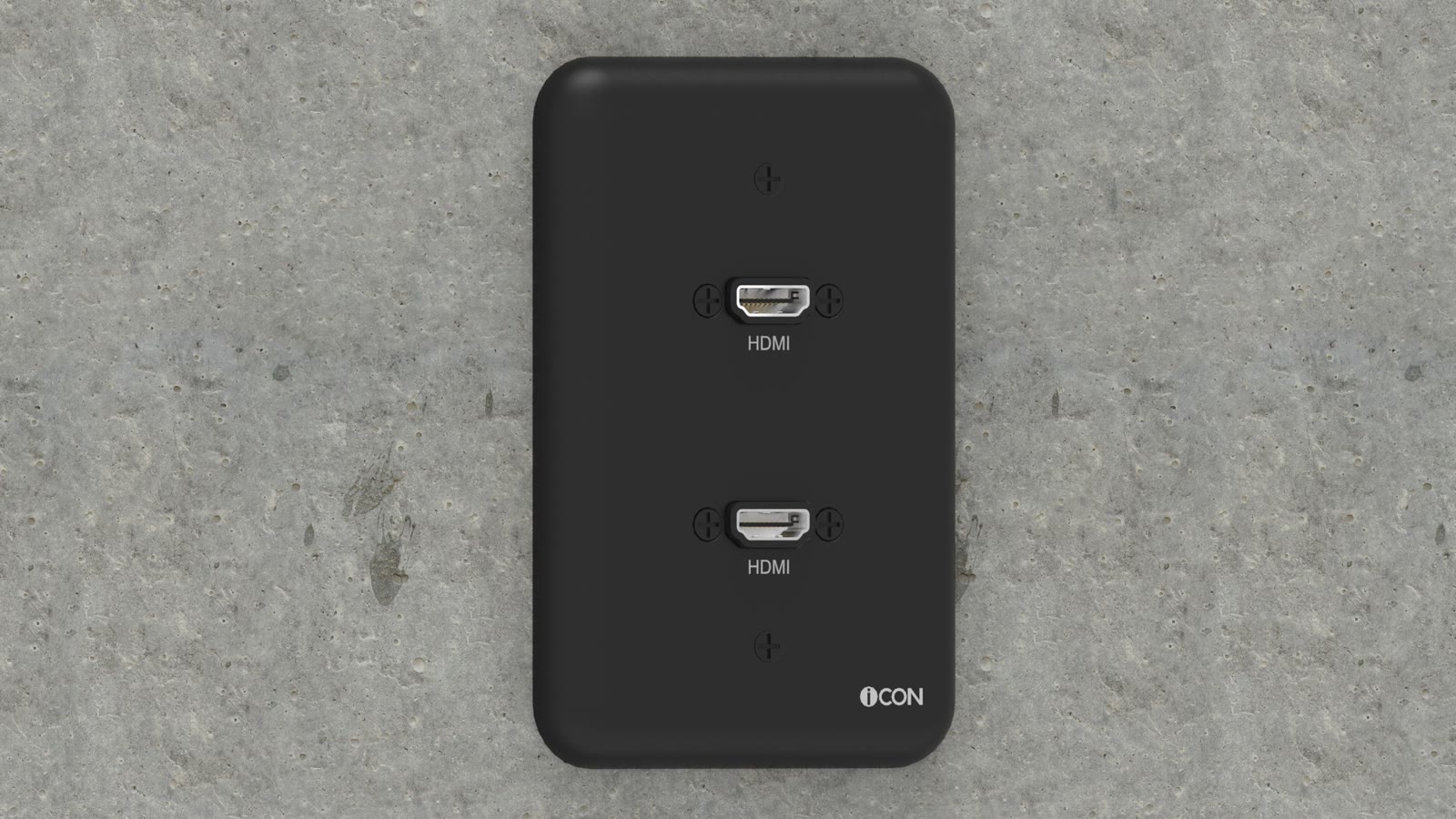 Módulo de parede HDMI/HDMI iCON na cor preta em parede de concreto