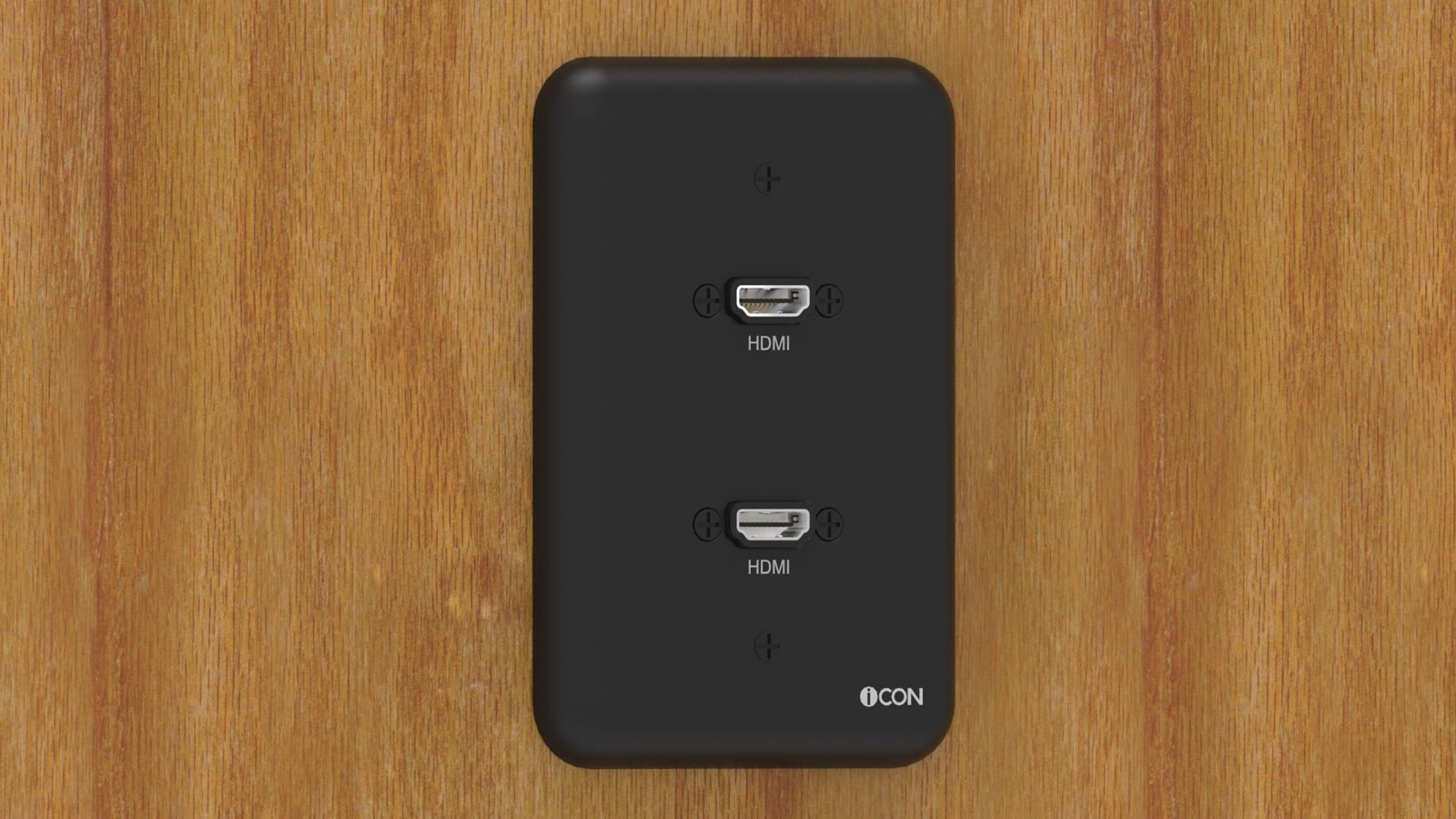 Módulo de parede HDMI iCON preto instalado em painel de madeira